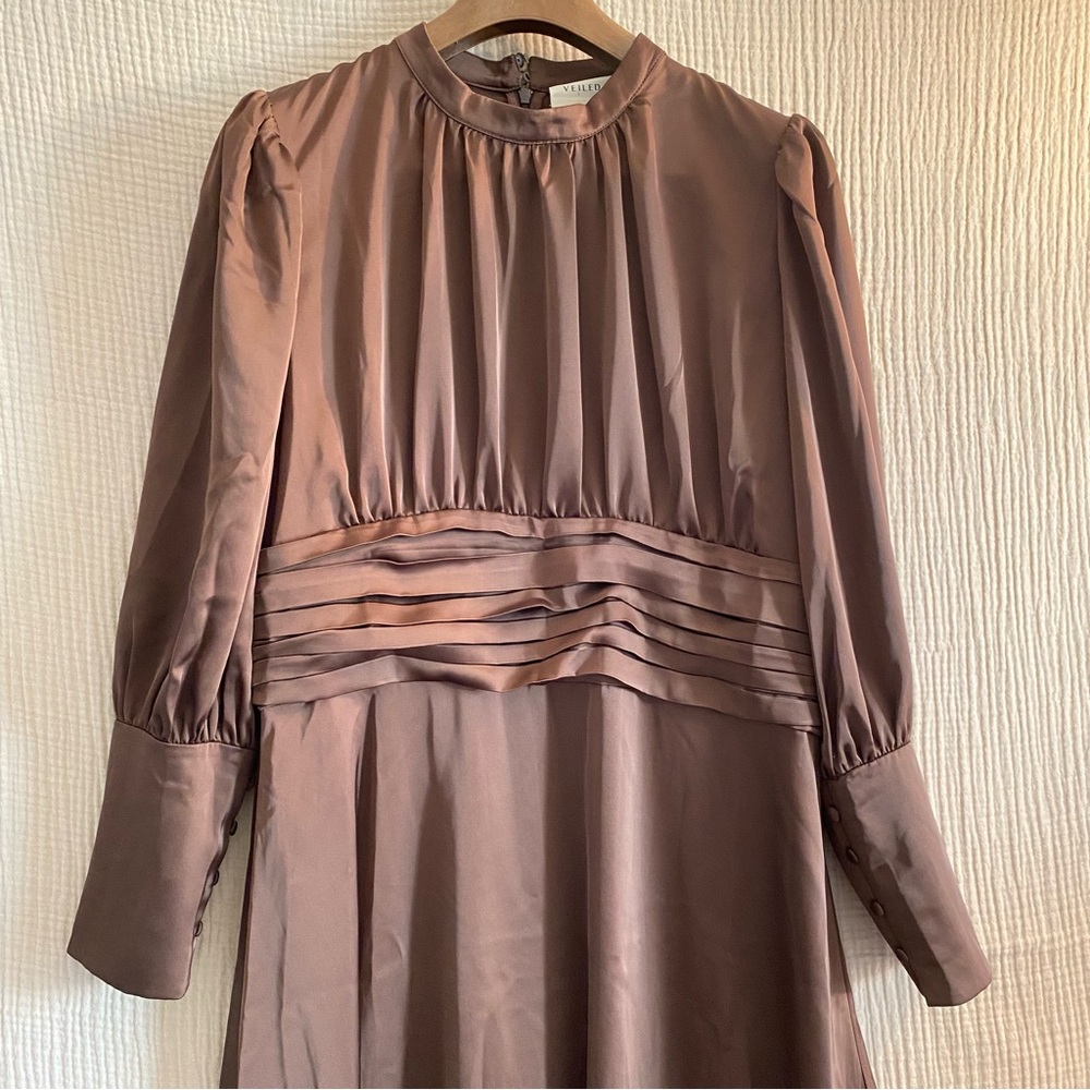VEILED Brown Satin Lagenlook Chrome Maxi Long Sleeve Boho Dress
